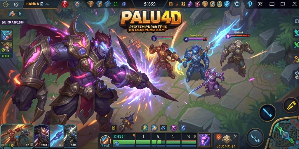 Screenshot PALU4D menampilkan aksi pertempuran seru antara karakter-karakter MOBA.