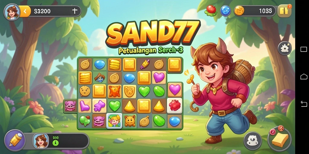 Tampilan gameplay SAND77 yang menampilkan kombinasi elemen Match-3.